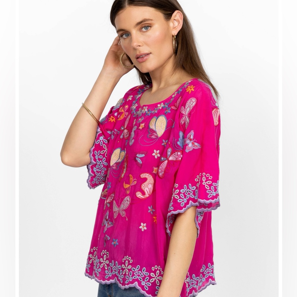 Nwt Johnny Was Bellona Short Sleeve Embroidered Blouse Pink Size Xxs